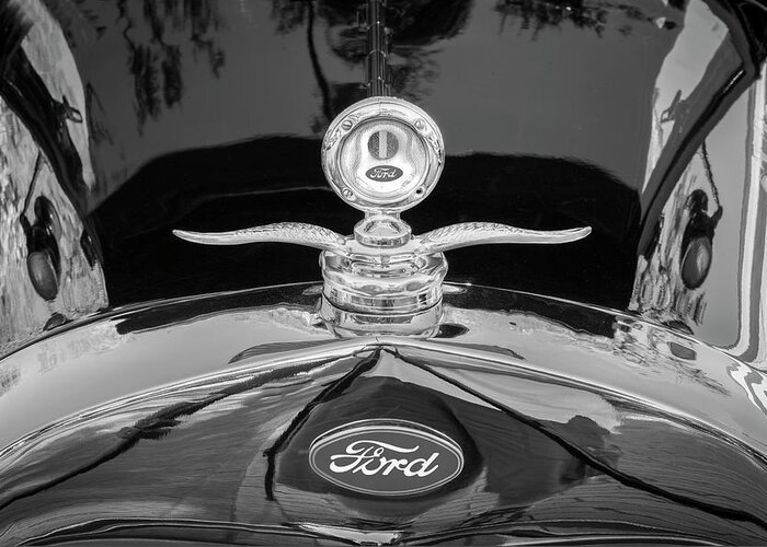 1929 Ford Model A Greeting Card featuring the photograph 1929 Ford Model A Hood Ornament BW by Rich Franco