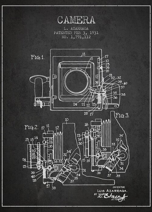 Camera Greeting Card featuring the digital art 1931 Camera Patent - Charcoal by Aged Pixel