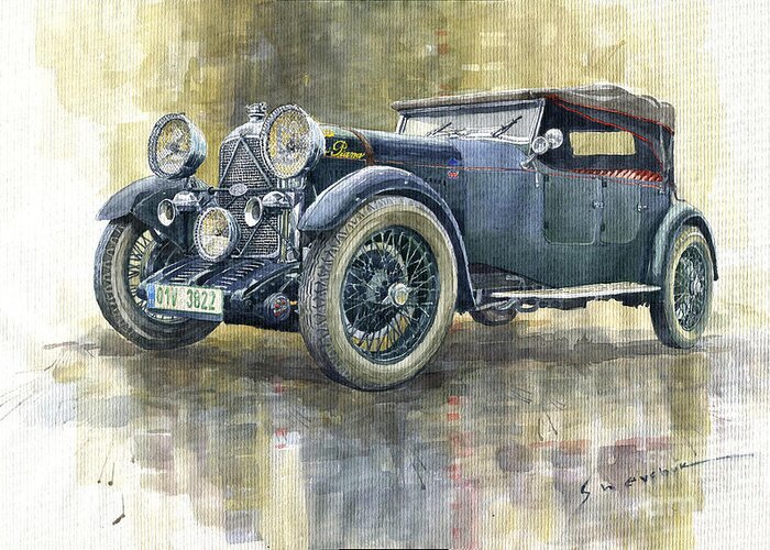 Shevchukart Greeting Card featuring the painting 1932 Lagonda Low Chassis 2 Litre Supercharged Front by Yuriy Shevchuk