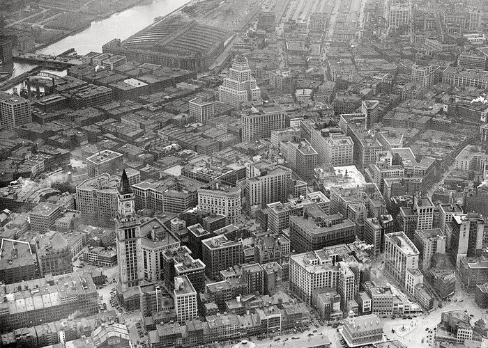 Vintage Greeting Card featuring the photograph 1935 Aerial view of Downtown Boston by Historic Image