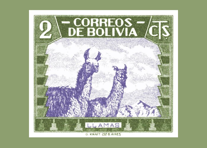 Bolivia Greeting Card featuring the digital art 1939 Bolivia Llamas Postage Stamp by Retro Graphics