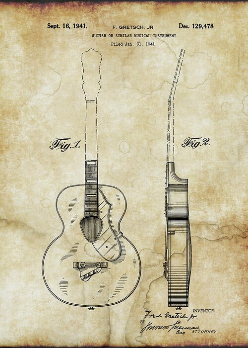 Guitar Patent Greeting Card featuring the digital art Gretsch Guitar Patent by Doc Braham