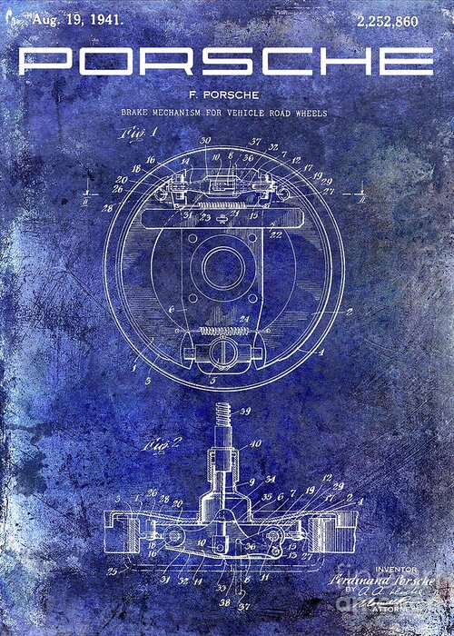 Porsche Patent Greeting Card featuring the photograph 1941 Porsche Brake Mechanism Patent Blue by Jon Neidert