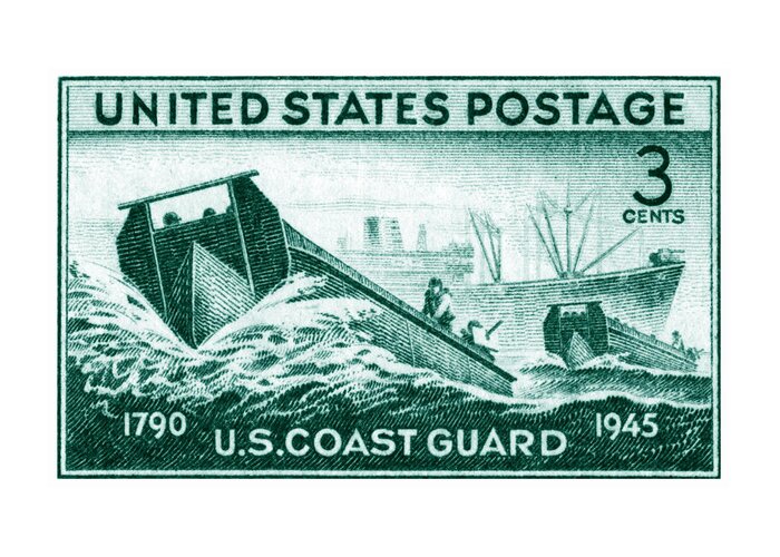 Uscg Greeting Card featuring the painting 1945 Coast Guard Issue Stamp by Historic Image