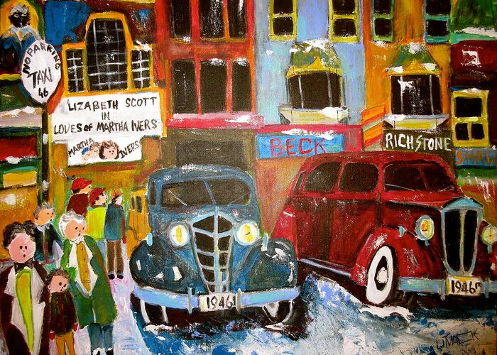 1946 Greeting Card featuring the painting 1946 Montreal Taxi Stand by Michael Litvack