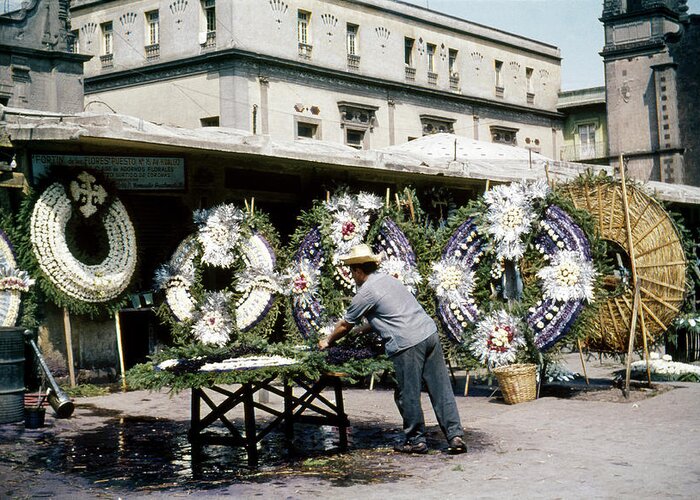 1951 Greeting Card featuring the photograph 1950s Mexico City Funeral Wreaths by Marilyn Hunt