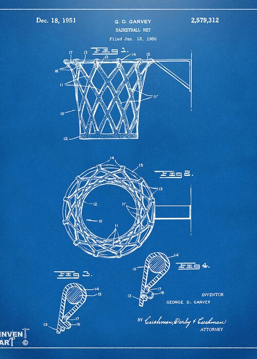 Basketball Greeting Card featuring the digital art 1951 Basketball Net Patent Artwork - Blueprint by Nikki Marie Smith