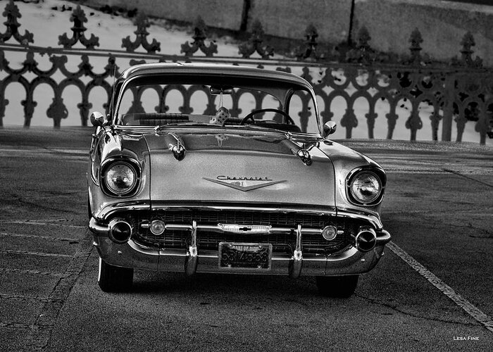 1957 Greeting Card featuring the photograph 1957 Chevy at the Gate BW by Lesa Fine