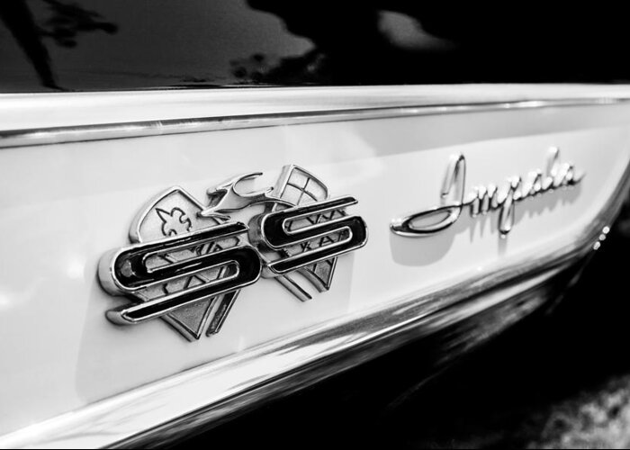 1961 Chevrolet Bel Air Impala Ss Bubble Top Side Emblem Greeting Card featuring the photograph 1961 Chevrolet Bel Air Impala SS Bubble Top Side Emblem -0242bw by Jill Reger