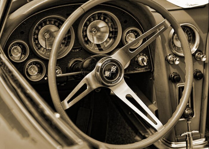 1963 Greeting Card featuring the photograph 1963 Chevrolet Corvette Steering Wheel - Sepia by Gordon Dean II