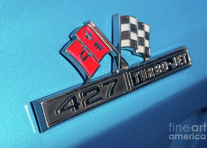 Chevy Greeting Card featuring the photograph 1965 Blue Corvette 427 Turbo Jet Emblem by Aloha Art