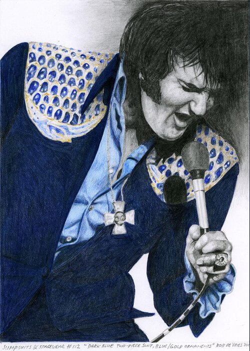 Elvis Greeting Card featuring the drawing 1975 Dark Blue Two Piece Suit Blue Gold Ornaments by Rob De Vries