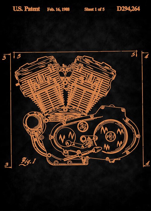 Motorcycle Greeting Card featuring the photograph 1988 V-Twin Motorcycle Engine Design Patent by Barry Jones