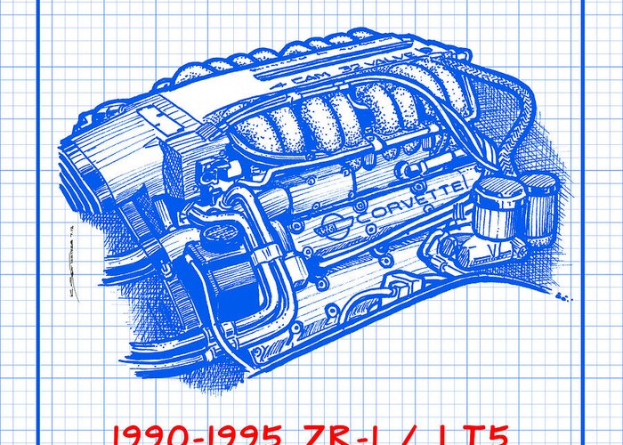 Corvette Greeting Card featuring the drawing 1990-1995 C4 ZR-1 LT5 Corvette Engine Blueprint by K Scott Teeters