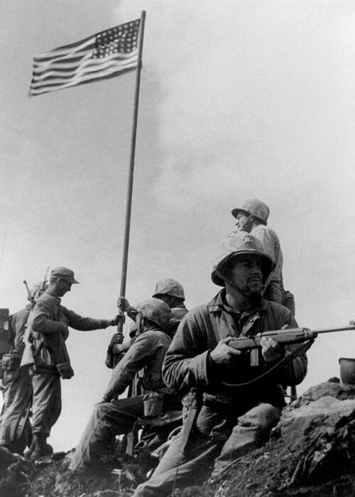 Iwo Jima Greeting Card featuring the photograph 1st Flag Raising On Iwo Jima by War Is Hell Store
