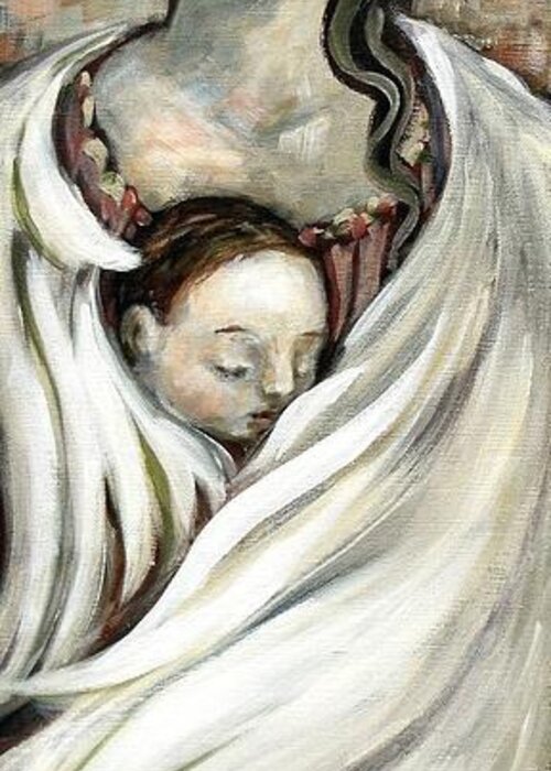 Angel Greeting Card featuring the painting Angel and Baby by Carrie Joy Byrnes
