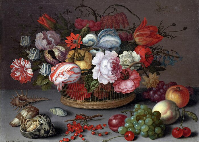 Balthasar Van Der Ast Greeting Card featuring the painting Basket of Flowers #2 by Balthasar van der Ast