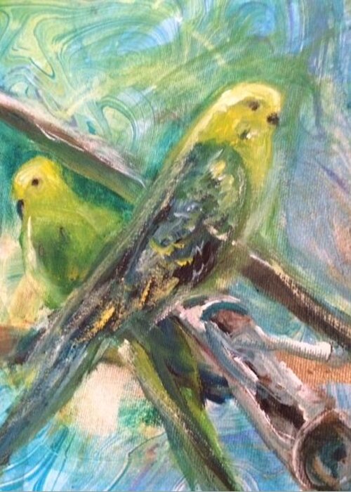 2 Birds On Branches Greeting Card featuring the painting 2 Birds on Marbled Paper by Denice Palanuk Wilson