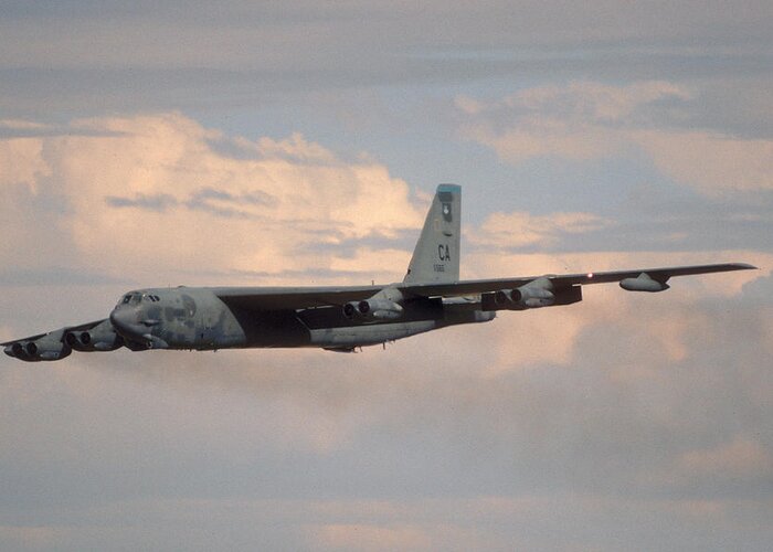 Airplane Greeting Card featuring the photograph Boeing B-52G Stratofortress 59-2565 93rd Bomb Wing Castle AFB September 17 1992 #2 by Brian Lockett