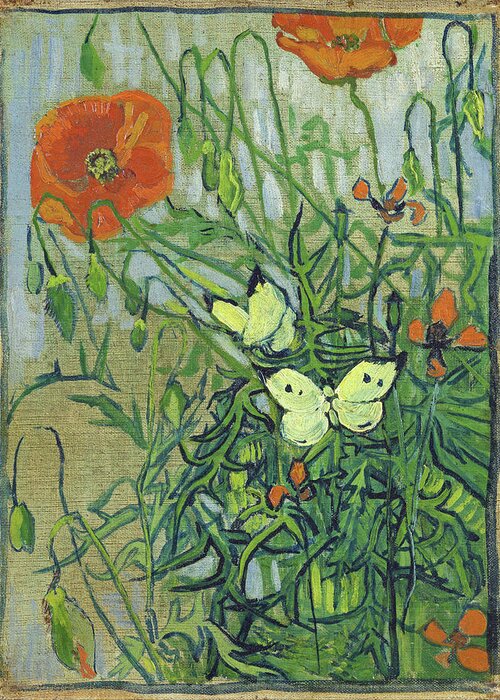 Butterflies Greeting Card featuring the painting Butterflies and Poppies #2 by Vincent van Gogh