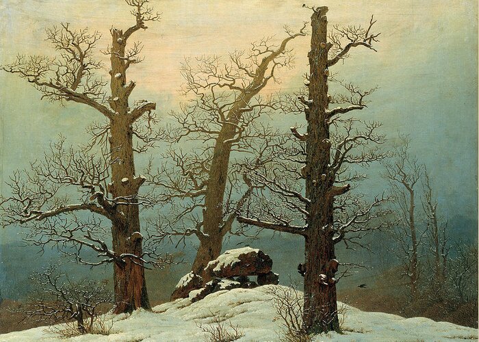 Caspar David Friedrich Greeting Card featuring the painting Cairn In Snow #2 by Caspar David Friedrich