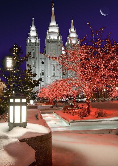 Mormon Temple Greeting Card featuring the photograph Christmas Lights at Temple Square #2 by Douglas Pulsipher