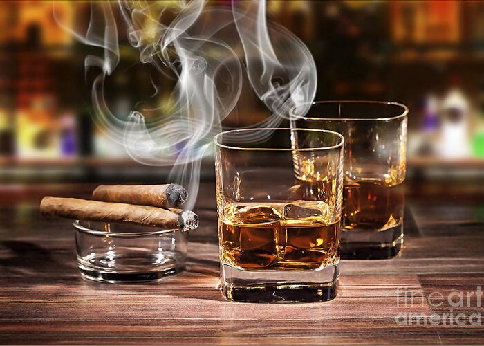 Cigar Greeting Card featuring the mixed media Cigar and Alcohol Collection #2 by Marvin Blaine