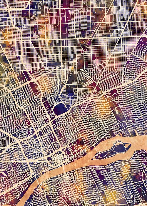 Detroit Greeting Card featuring the digital art Detroit Michigan City Map by Michael Tompsett