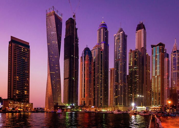 Dubai Greeting Card featuring the photograph Dubai Marina at twilight by Alexey Stiop