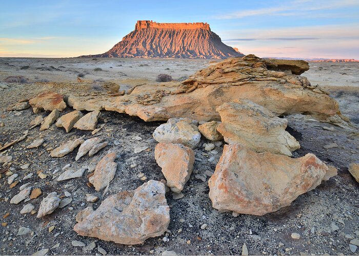Factory Butte Greeting Card featuring the photograph First Light #3 by Ray Mathis