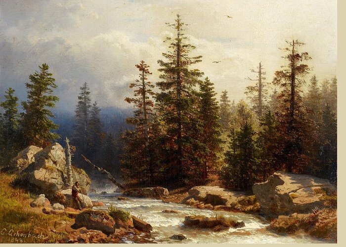 Andreas Achenbach Greeting Card featuring the painting Forest Landscape with an Angler by MotionAge Designs
