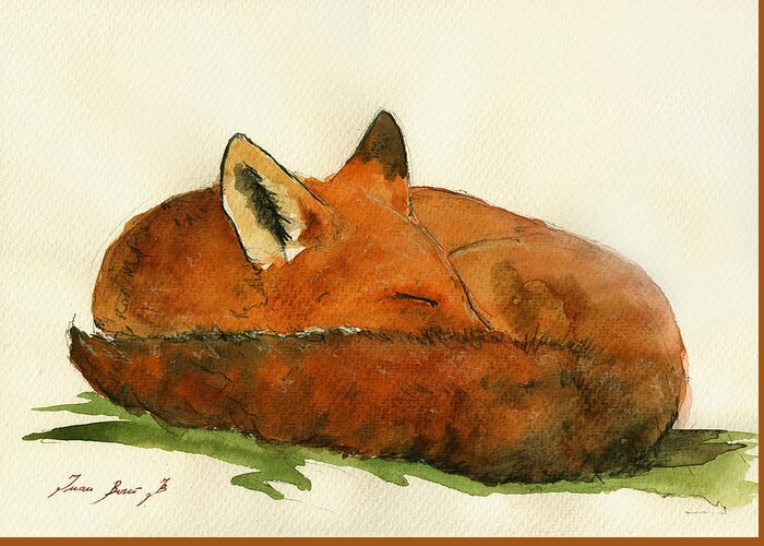 Fox Greeting Card featuring the painting Fox sleeping painting #2 by Juan Bosco