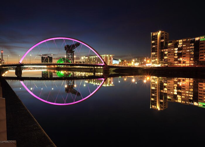 Glasgow Clyde Arc Greeting Card featuring the photograph Glasgow Clyde Arc Bridge at Twilight #2 by Maria Gaellman
