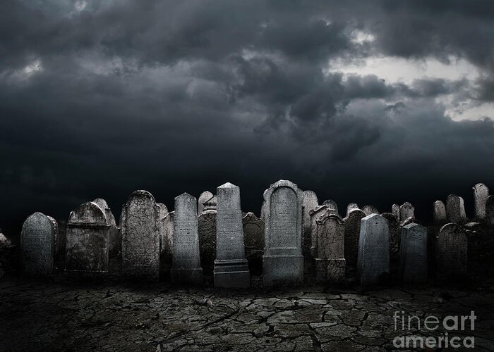 Graveyard Greeting Card featuring the digital art Graveyard at night by Jelena Jovanovic