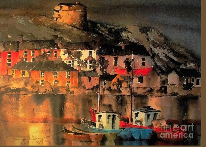 Val Greeting Card featuring the painting Howth Sunset Dublin #2 by Val Byrne