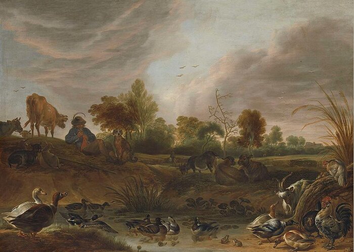 Landscape With Animals Greeting Card featuring the painting Landscape With Animals by Cornelis Saftleven