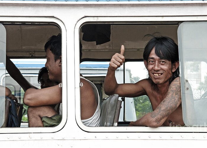 Man Greeting Card featuring the photograph Man Smiling On Yangon Myanmar Bus #2 by JM Travel Photography