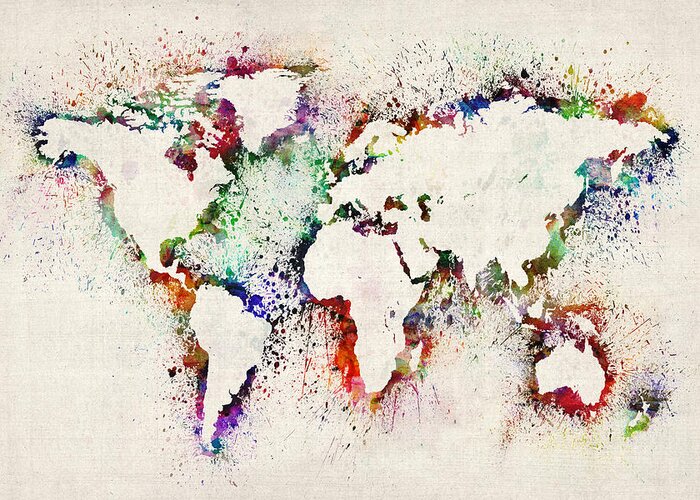 Map Of The World Greeting Card featuring the digital art Map of the World Paint Splashes #2 by Michael Tompsett