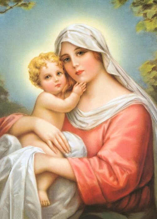 Christmas Greeting Card featuring the painting Mary and Baby Jesus by Artist Unknown