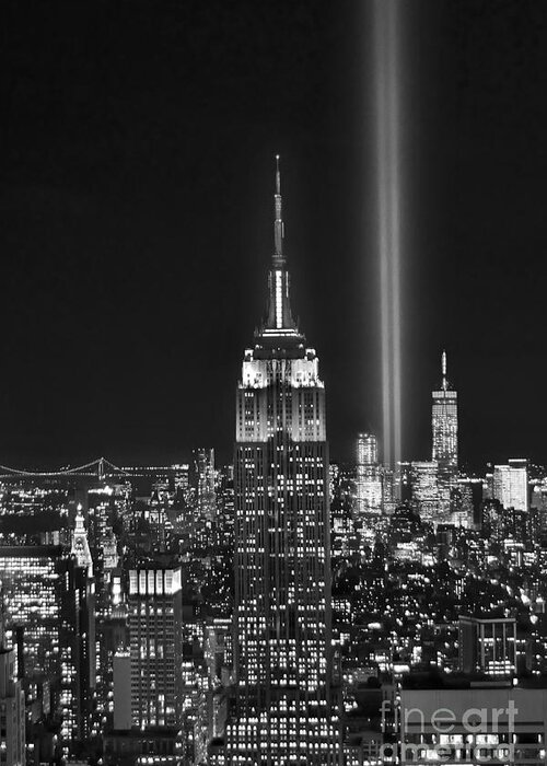 New York City Skyline At Night Greeting Card featuring the photograph New York City Tribute in Lights Empire State Building Manhattan at Night NYC #2 by Jon Holiday