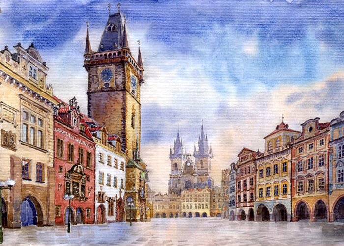 Watercolour Greeting Card featuring the painting Prague Old Town Square by Yuriy Shevchuk
