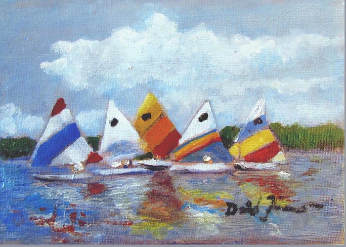 Sunfish Sailboats Greeting Card featuring the painting Sunfish on the Potomac #2 by David Zimmerman