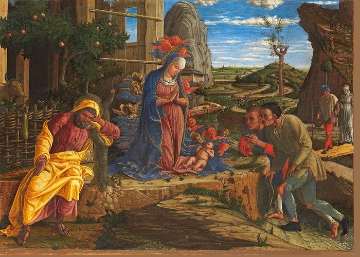 Andrea Mantegna Greeting Card featuring the painting The Adoration of the Shepherds #4 by Andrea Mantegna