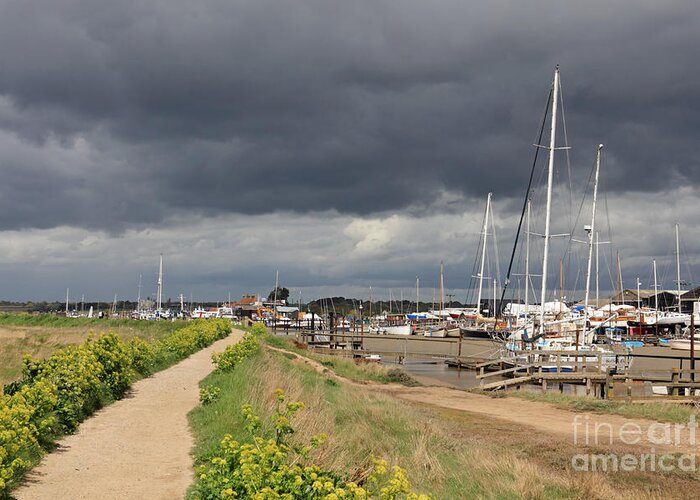 The Harbour At Walberswick Suffolk Uk Southwold Dramatic British English England Britain Landscape Countryside Coast Yachts Stormy Sky Skies Clouds Grey Angry Greeting Card featuring the photograph The Harbour at Walberswick Suffolk UK #2 by Julia Gavin