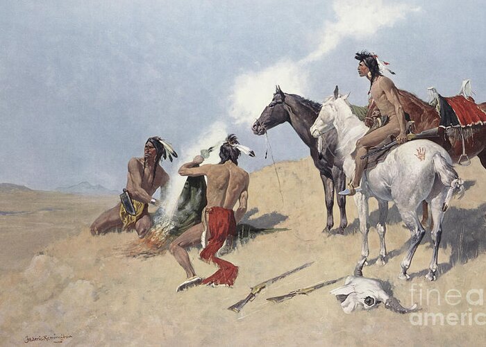 The Smoke Signal Greeting Card featuring the painting The Smoke Signal by Frederic Remington