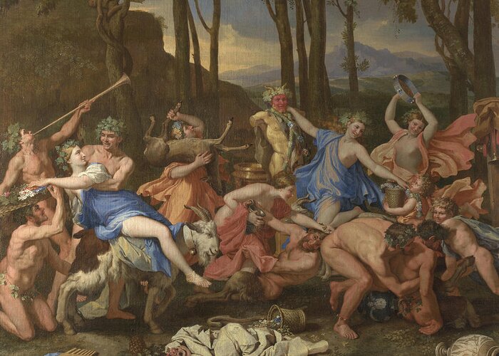 Orgy Greeting Card featuring the painting The triumph of Pan by Nicolas Poussin