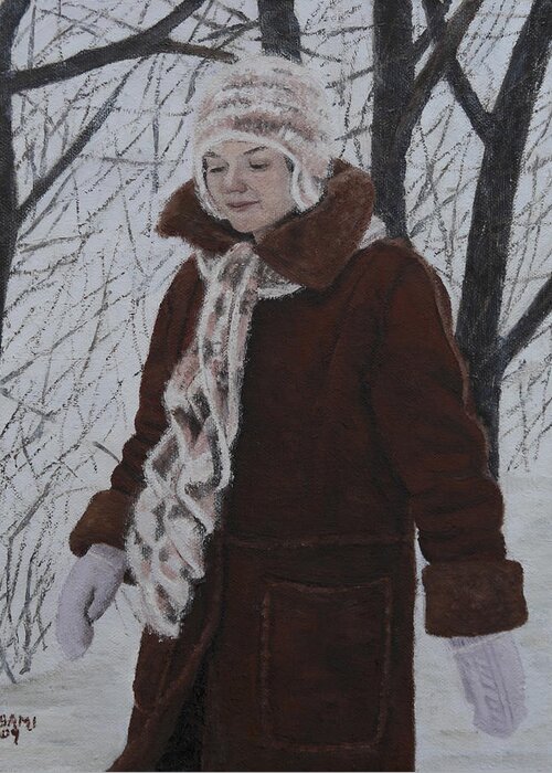 Portrait Greeting Card featuring the painting Winter Walk #2 by Masami Iida