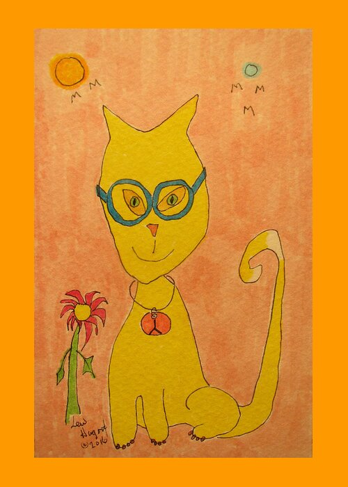 Hagood Greeting Card featuring the painting Yellow Cat With Glasses by Lew Hagood