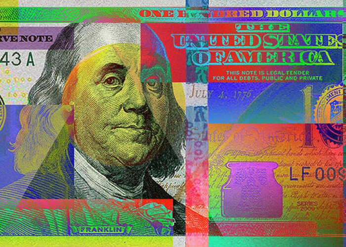 'paper Currency' Collection By Serge Averbukh Greeting Card featuring the digital art 2009 Series Pop Art Colorized U. S. One Hundred Dollar Bill No. 1 by Serge Averbukh