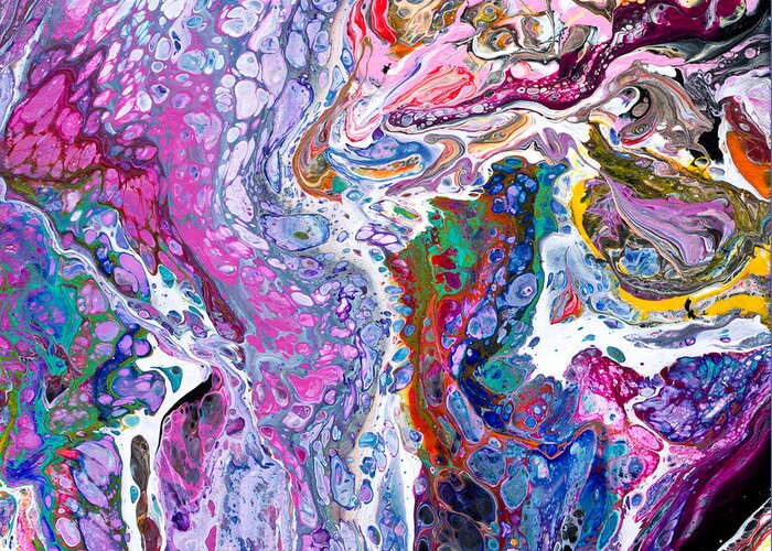  Vibrant Colorful Funky Original Contemporary Blue And Purple Dominate Joined By Every Other Color And Black And White Accents Greeting Card featuring the painting #217 Strange Pour Fav #217 by Priscilla Batzell Expressionist Art Studio Gallery